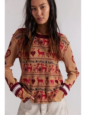 We the Free Free People Blissful Layering Tee Deer Heart Print Size M